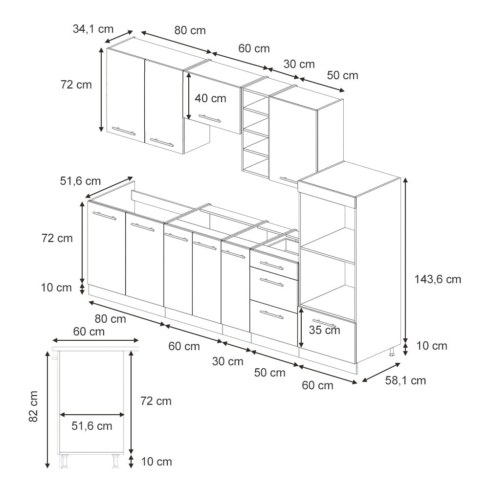 Vicco Cucina componibile Pannello di quercia/bianco 280 cm , PL Rovere