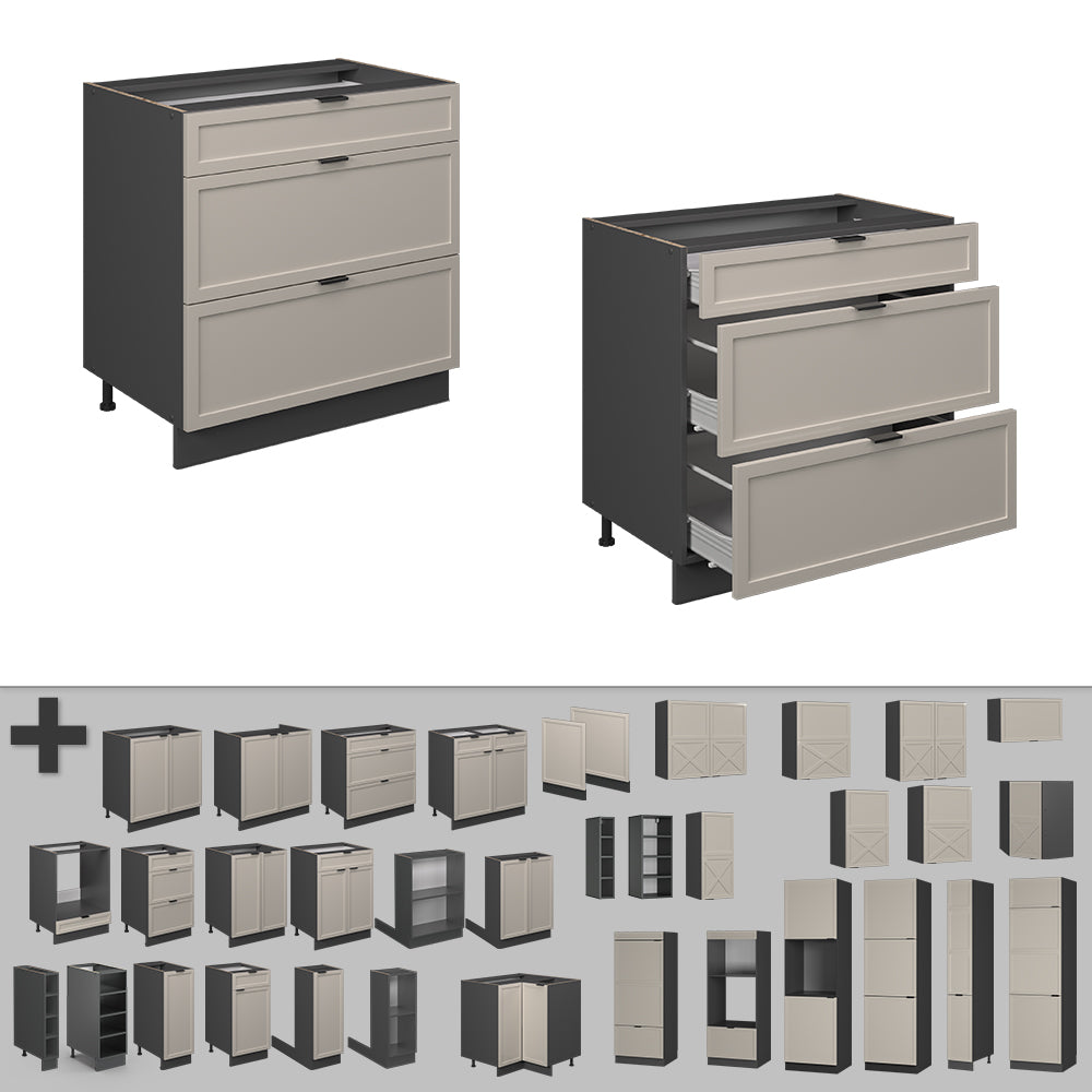 Vicco Mobiletto base per cucina GrigioBeige 80 cm con 3 cassetti, PL Rovere
