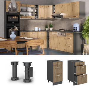 Vicco Mobiletto base per cucina Rovere artigianale 40 cm con cassetti, PL Antracite