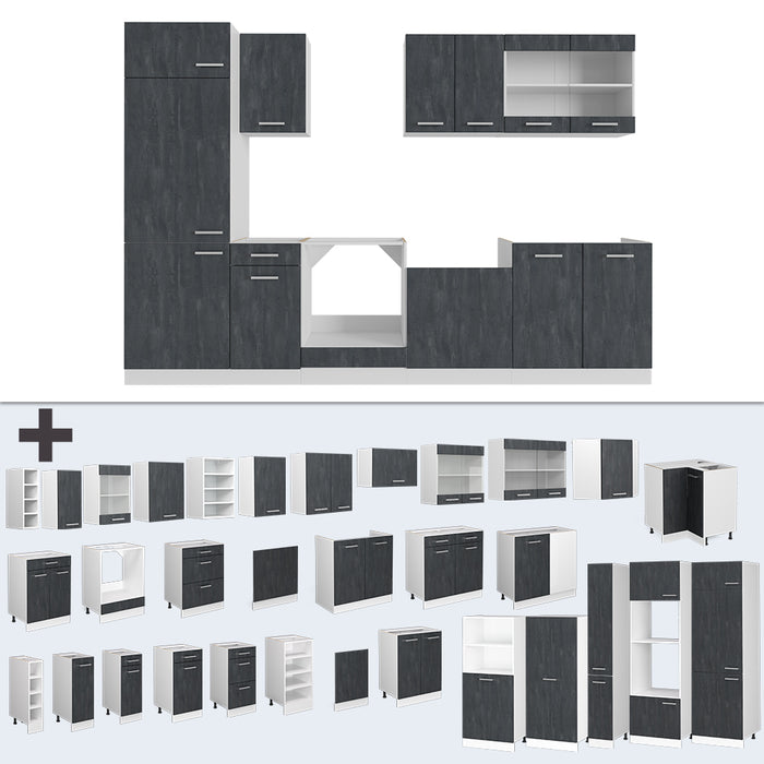 Vicco Cucina componibile Nero cemento/bianco 300 cm senza piano di lavoro