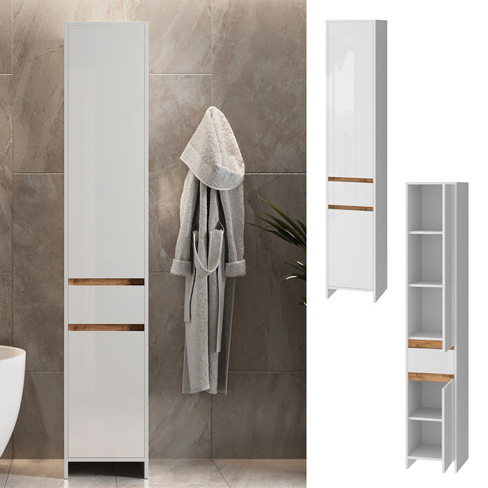 Vicco Mobiletto da bagno Bianco lucido/oro power oak 35 x 190 cm con 2 porte e un cassetto