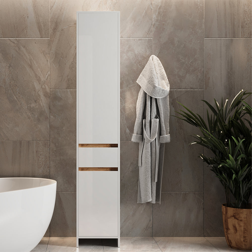 Vicco Mobiletto da bagno Bianco lucido/oro power oak 35 x 190 cm con 2 porte e un cassetto