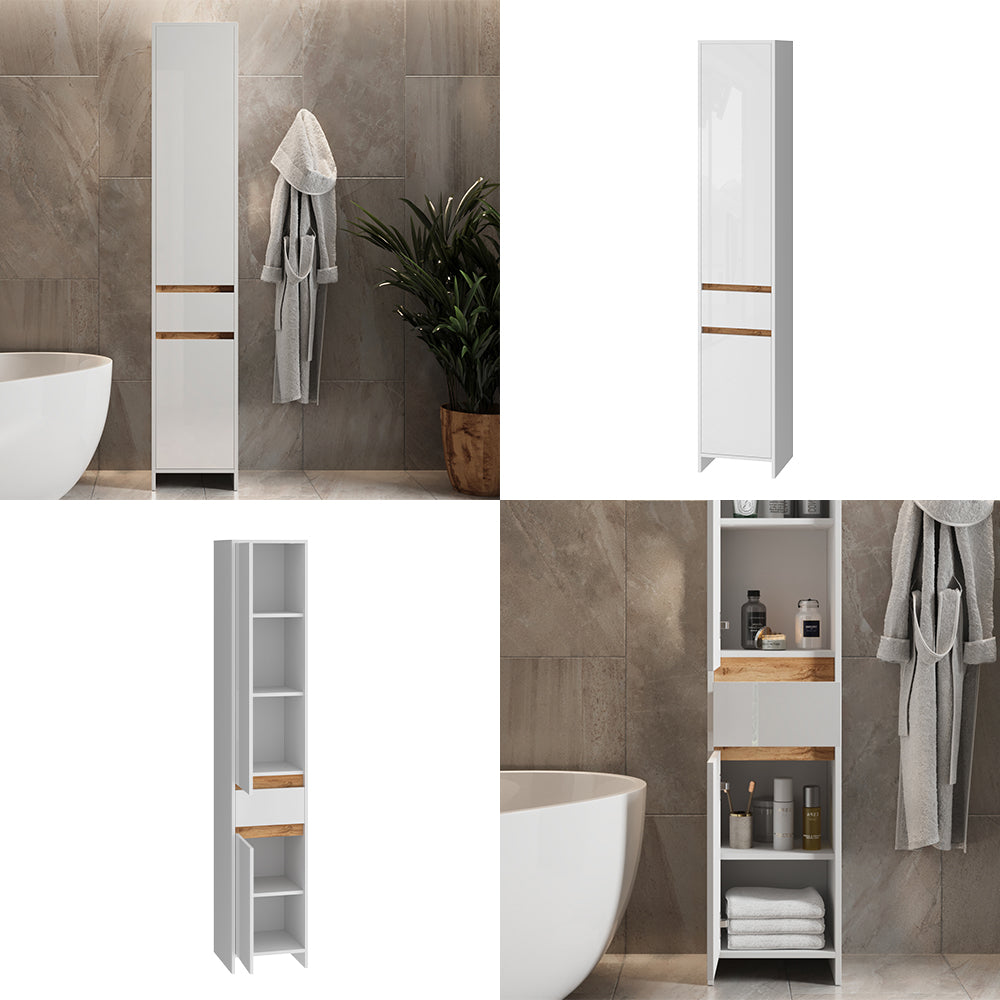 Vicco Mobiletto da bagno Bianco lucido/oro power oak 35 x 190 cm con 2 porte e un cassetto