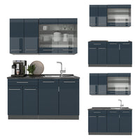 Vicco Cucina singola Blu scuro lucido/antracite 140 cm , PL Marmo