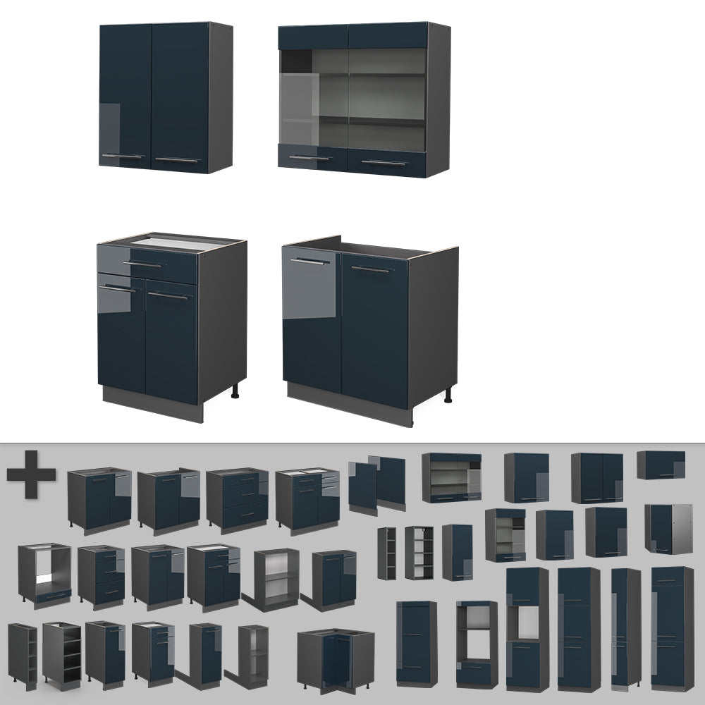 Vicco Cucina singola Blu scuro lucido/antracite 140 cm , PL Rovere