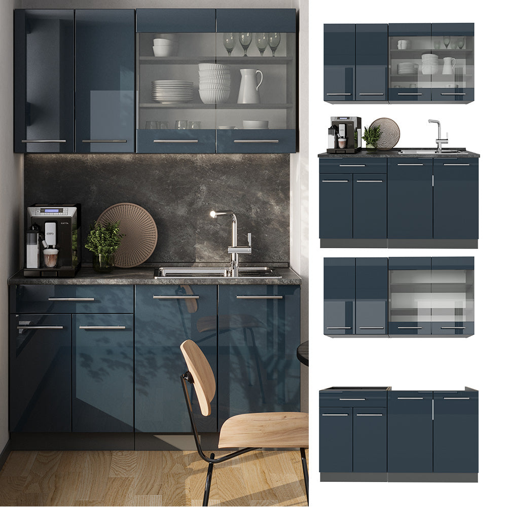 Vicco Cucina singola Blu scuro lucido/antracite 140 cm , PL Marmo