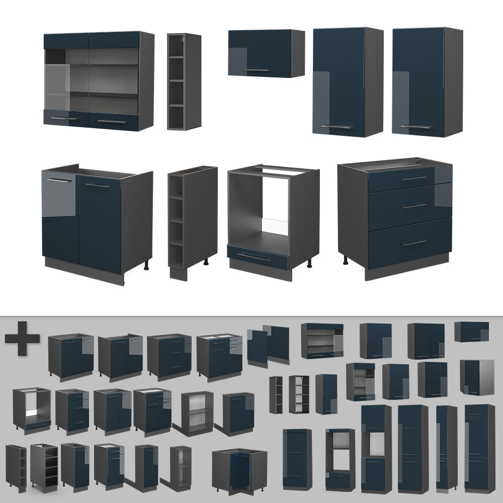 Vicco Mobili da cucina  Blu scuro lucido/antracite 235 cm senza piano di lavoro