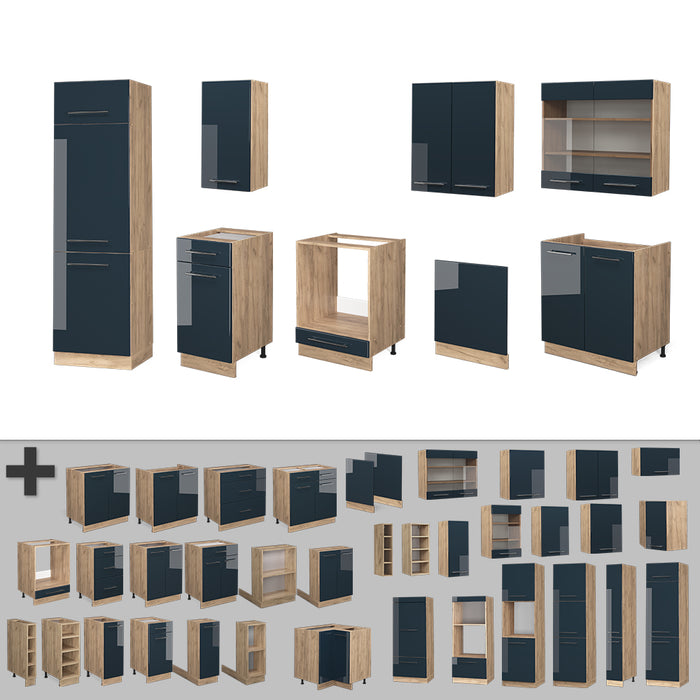 Vicco Mobile da cucina Blu scuro lucido/rovere dorato 300 cm senza piano di lavoro