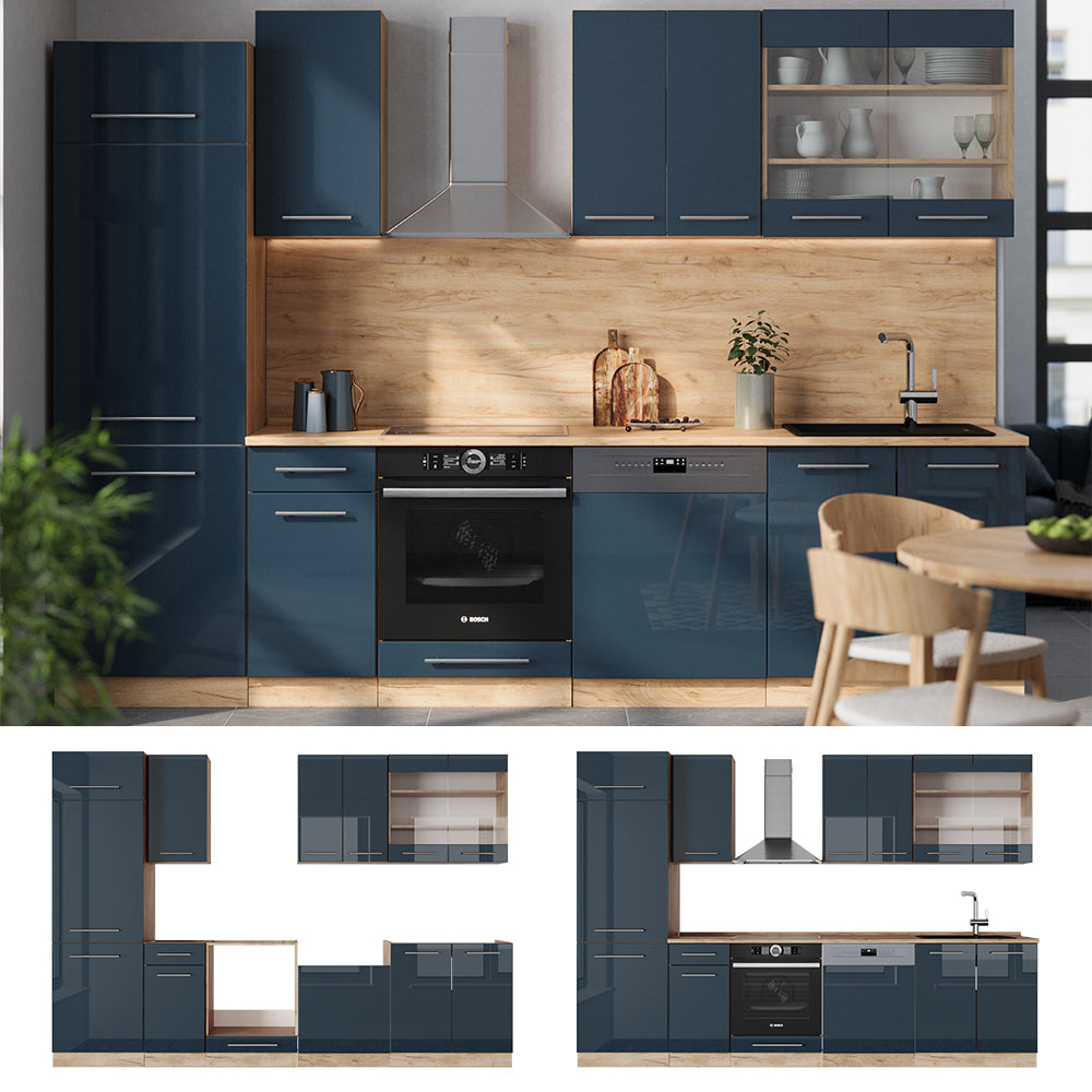 Vicco Mobile da cucina Blu scuro lucido/rovere dorato 300 cm senza piano di lavoro