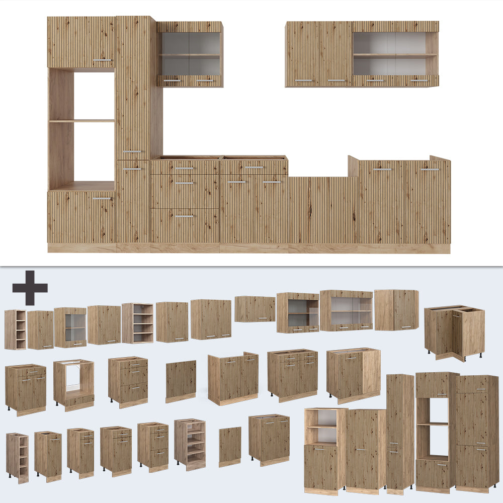 Vicco Cucina componibile Rovere artigianale/rovere Goldkraft 350 cm con armadio alto, PL Marmo