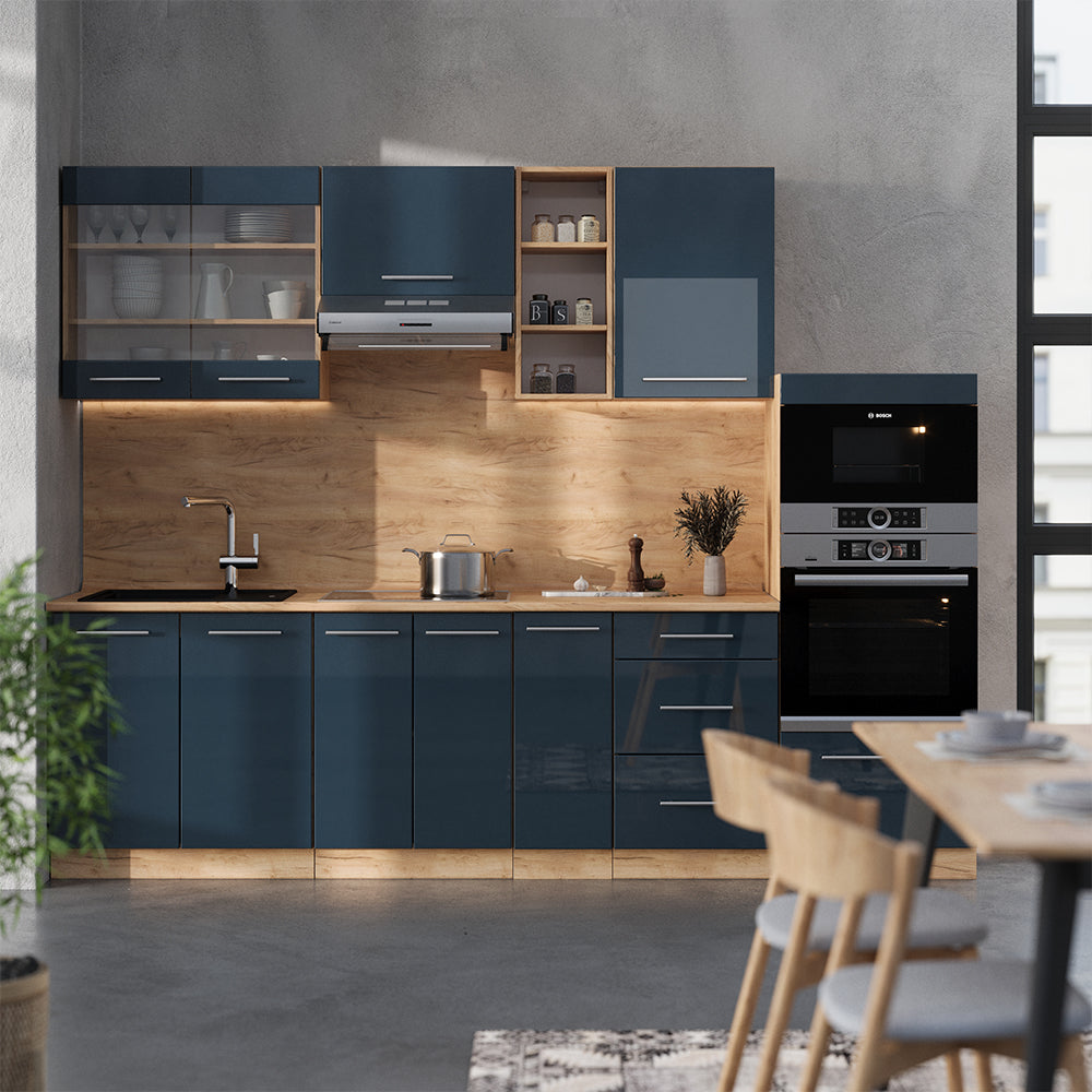 Vicco Mobili da cucina Blu scuro lucido/rovere dorato 280 cm senza piano di lavoro