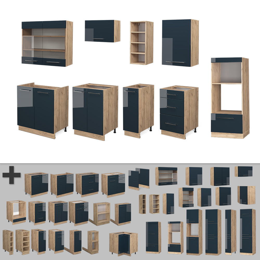 Vicco Mobili da cucina Blu scuro lucido/rovere dorato 280 cm senza piano di lavoro