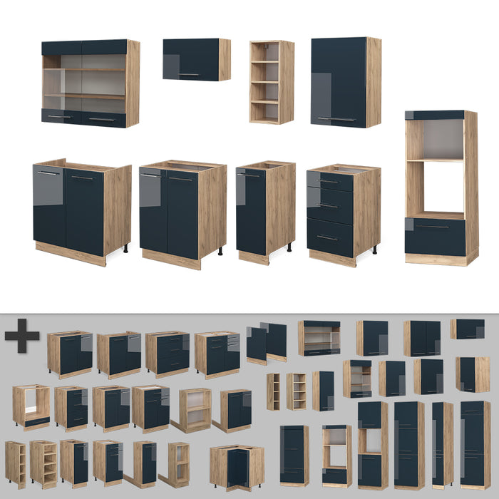 Vicco Mobili da cucina Blu scuro lucido/rovere dorato 280 cm senza piano di lavoro