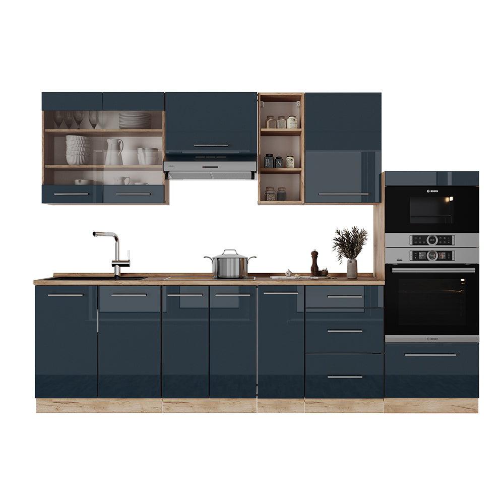 Vicco Mobili da cucina Blu scuro lucido/rovere dorato 280 cm senza piano di lavoro