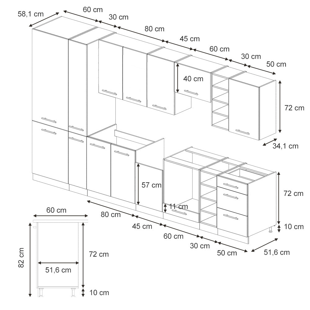 Vicco Cucina componibile Pannello in rovere/antracite 355 cm , PL Marmo