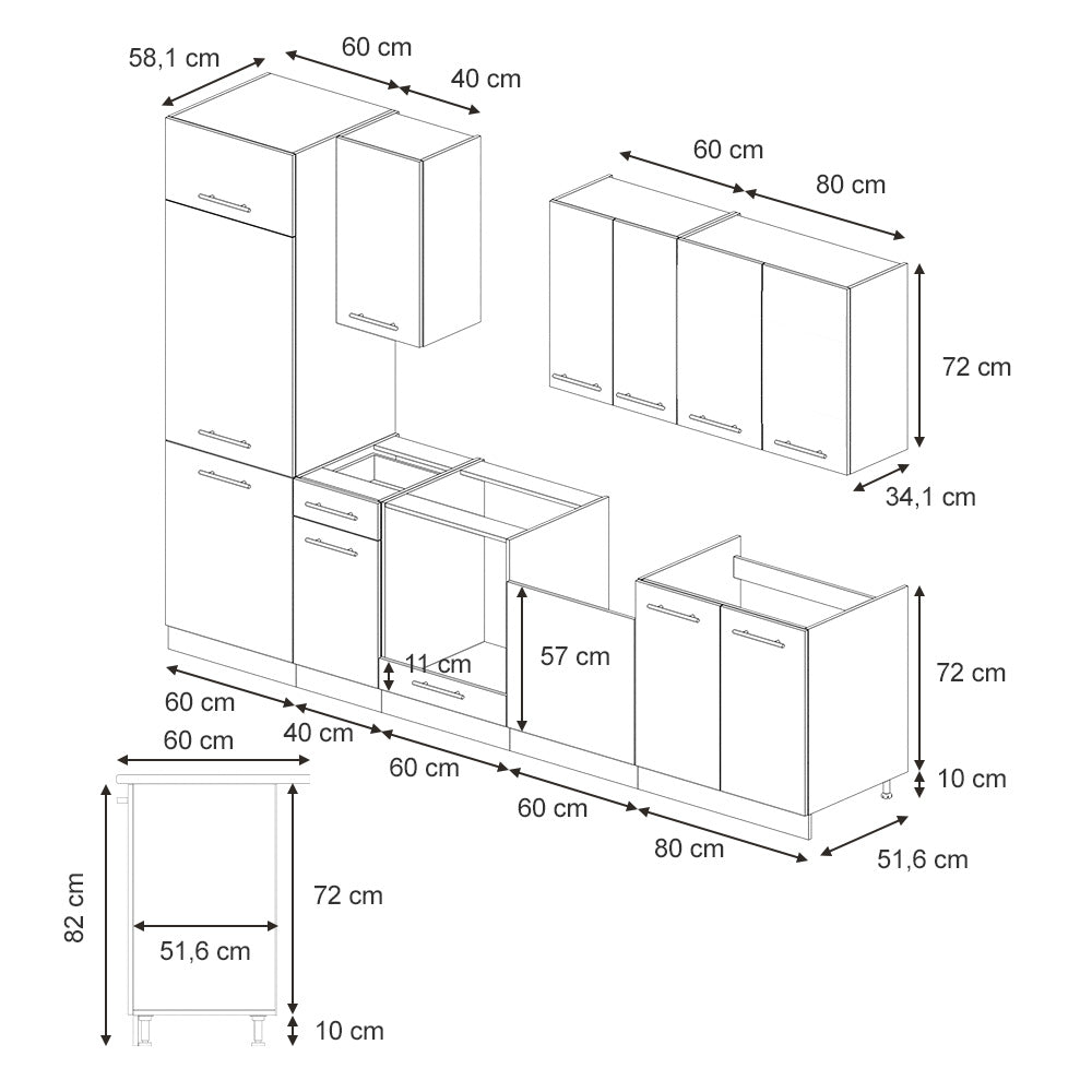 Vicco Cucina componibile Pannello in rovere/antracite 300 cm , PL Marmo