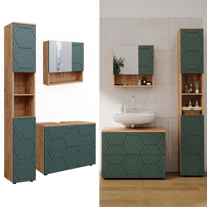 Vicco Set mobili bagno Quercia verde/oro 3 pezzi, con cassettiera e colonna