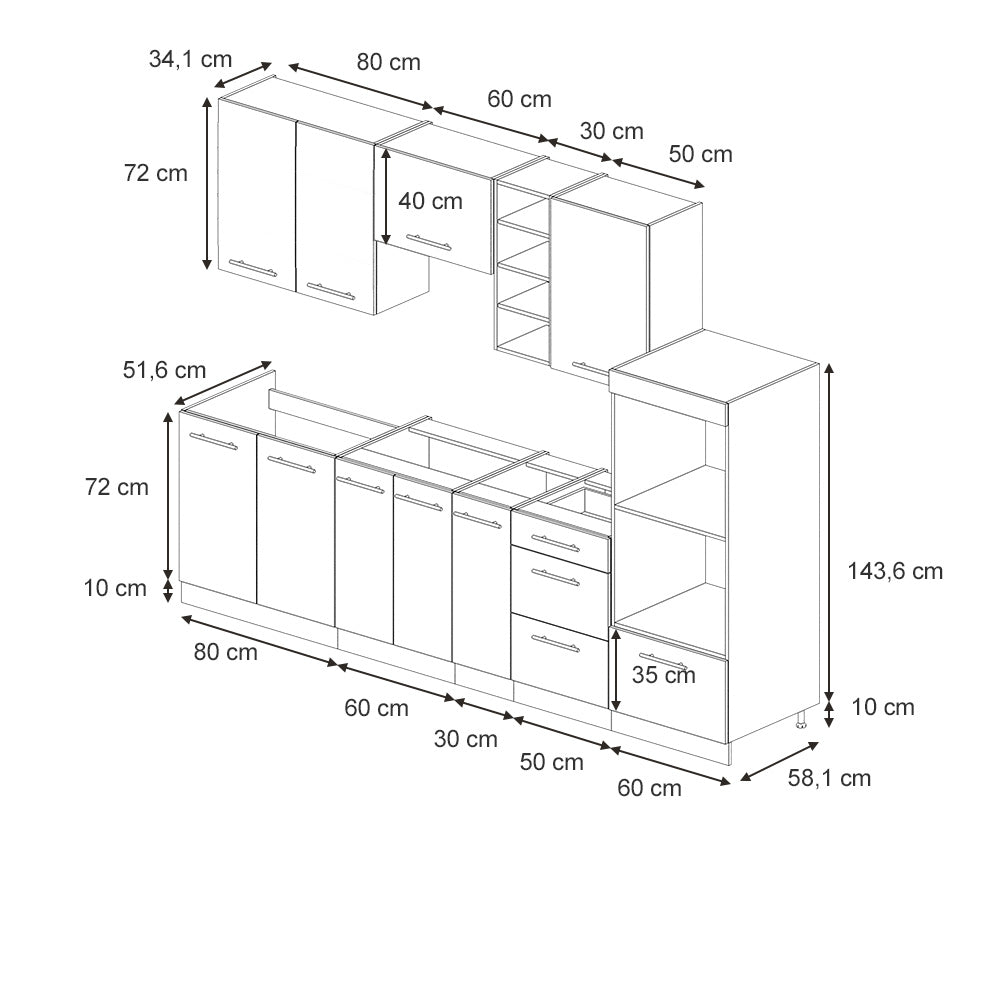 Vicco Cucina componibile Pannello di quercia/bianco 280 cm senza piano di lavoro