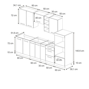 Vicco Cucina componibile Pannello di quercia/bianco 280 cm senza piano di lavoro