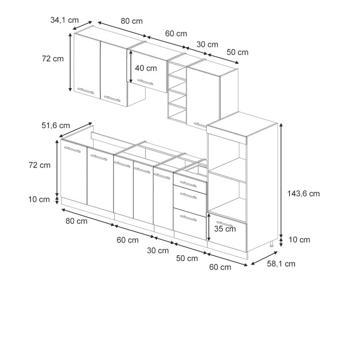 Vicco Cucina componibile Pannello di quercia/bianco 280 cm senza piano di lavoro