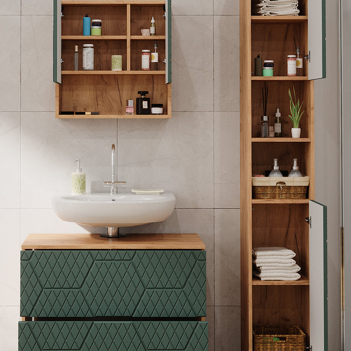 Vicco Set mobili bagno Quercia verde/oro 3 pezzi, con cassettiera e colonna