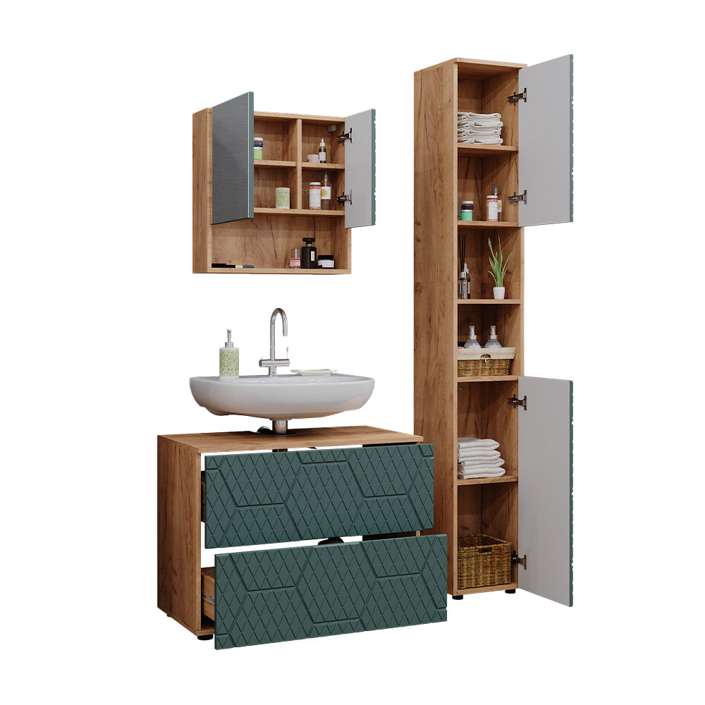 Vicco Set mobili bagno Quercia verde/oro 3 pezzi, con cassettiera e colonna