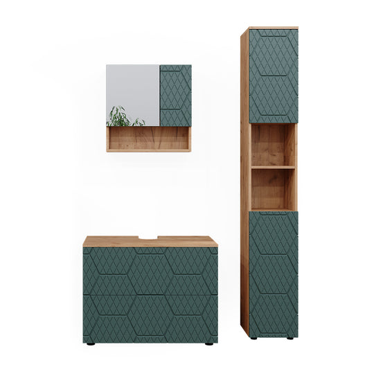 Vicco Set mobili bagno Quercia verde/oro 3 pezzi, con cassettiera e colonna