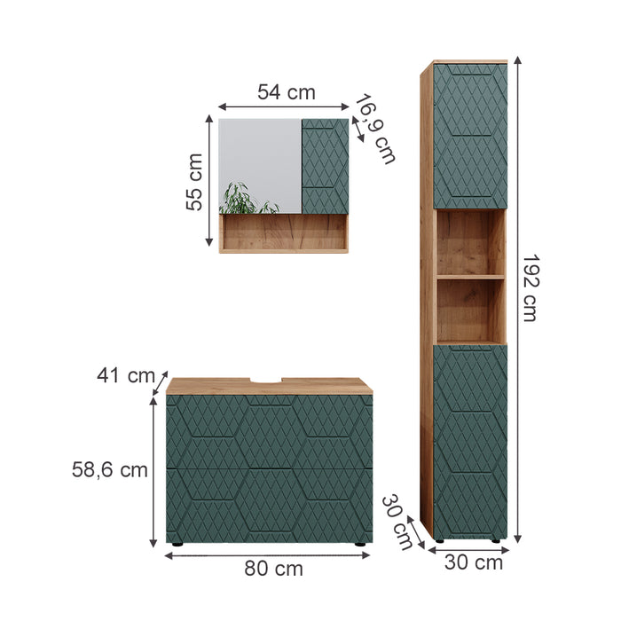 Vicco Set mobili bagno Quercia verde/oro 3 pezzi, con cassettiera e colonna