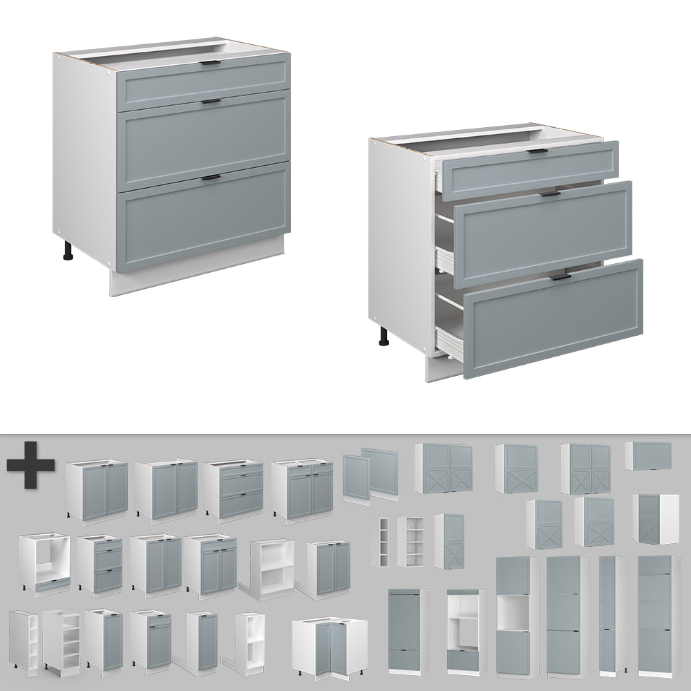 Vicco Mobiletto base per cucina Blu-grigio chiaro 80 cm con 3 cassetti, PL Marmo