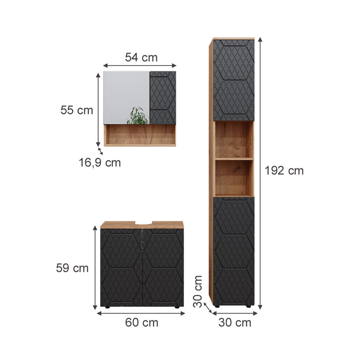Vicco Set mobili bagno Antracite a righe 3 pezzi, con colonna