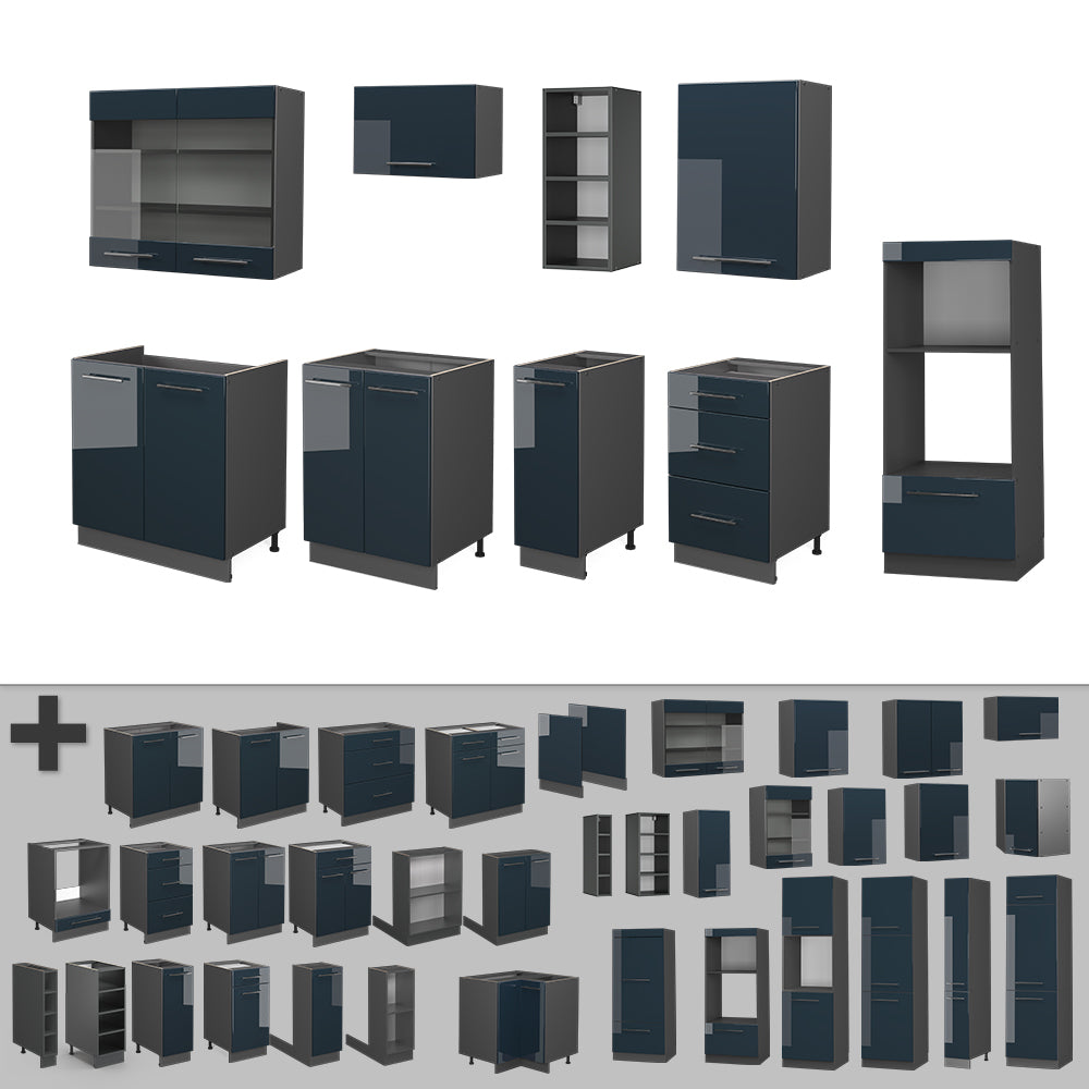 Vicco Cucina componibile Blu scuro lucido/antracite 280 cm , PL Marmo