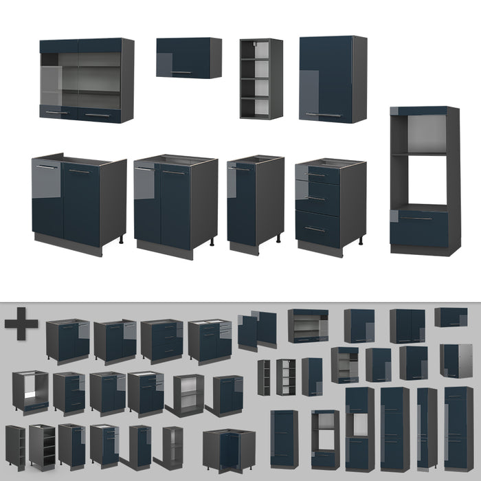 Vicco Cucina componibile Blu scuro lucido/antracite 280 cm , PL Marmo