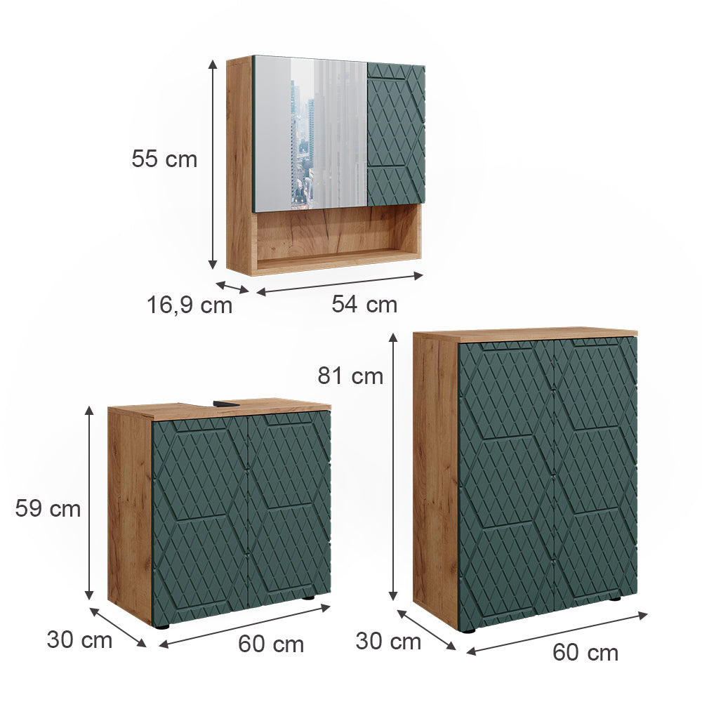 Vicco Set mobili bagno Quercia verde/oro 3 parti, con unità di base 60 cm