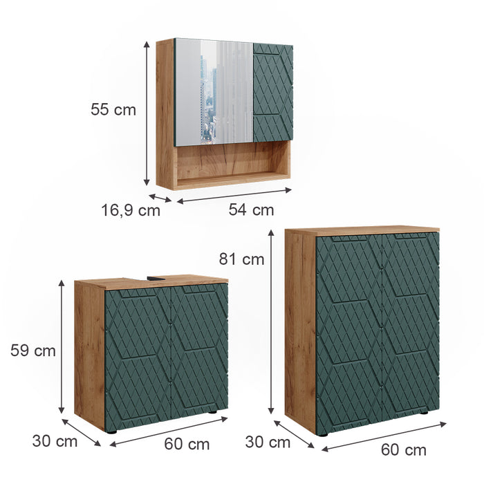Vicco Set mobili bagno Quercia verde/oro 3 parti, con unità di base 60 cm