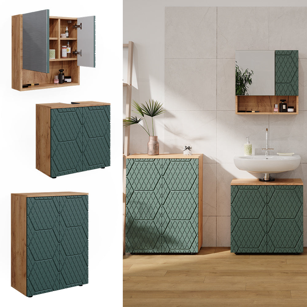 Vicco Set mobili bagno Quercia verde/oro 3 parti, con unità di base 60 cm