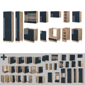 Vicco Mobili da cucina Blu scuro lucido/rovere dorato 355 cm senza piano di lavoro