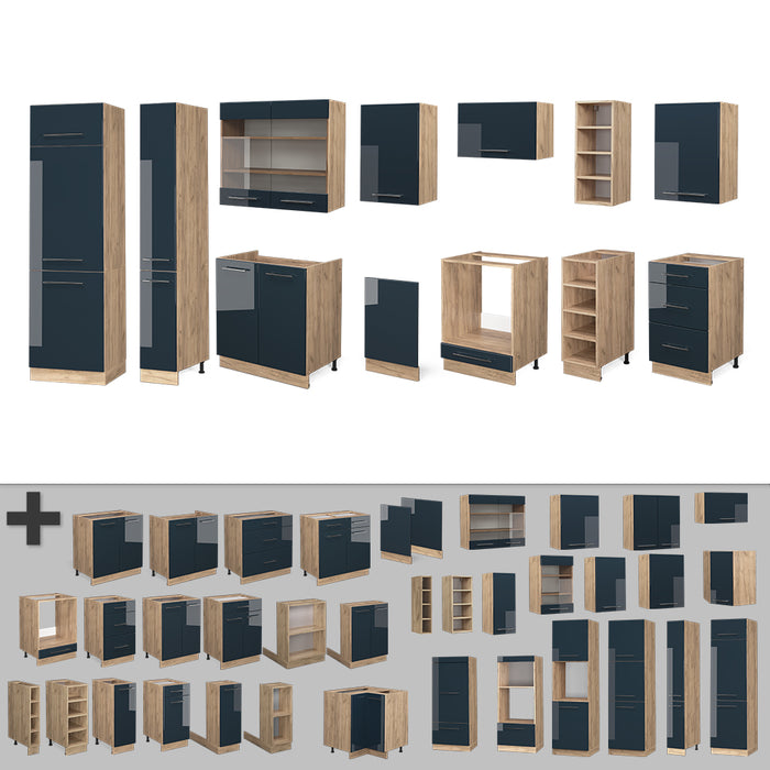 Vicco Mobili da cucina Blu scuro lucido/rovere dorato 355 cm senza piano di lavoro