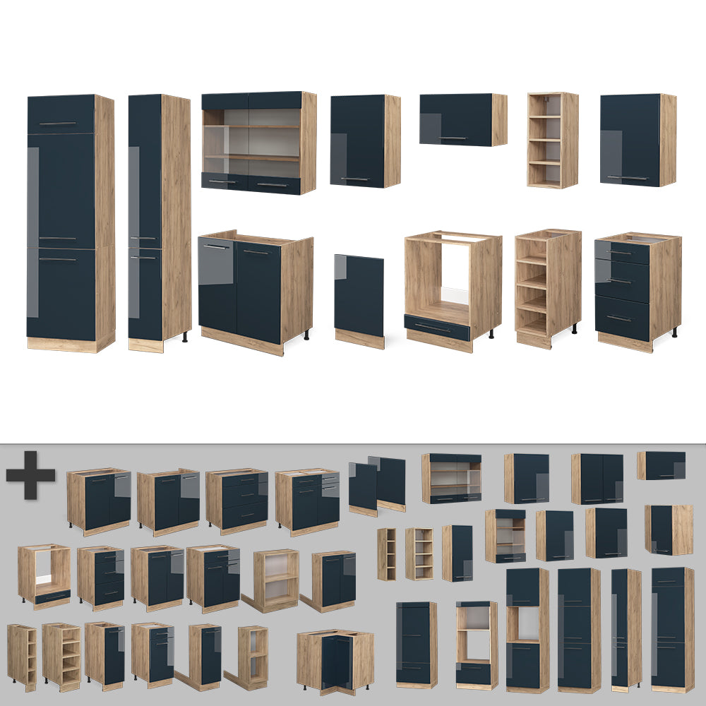 Vicco Cucina componibile Blu scuro lucido/rovere dorato 355 cm , PL Antracite