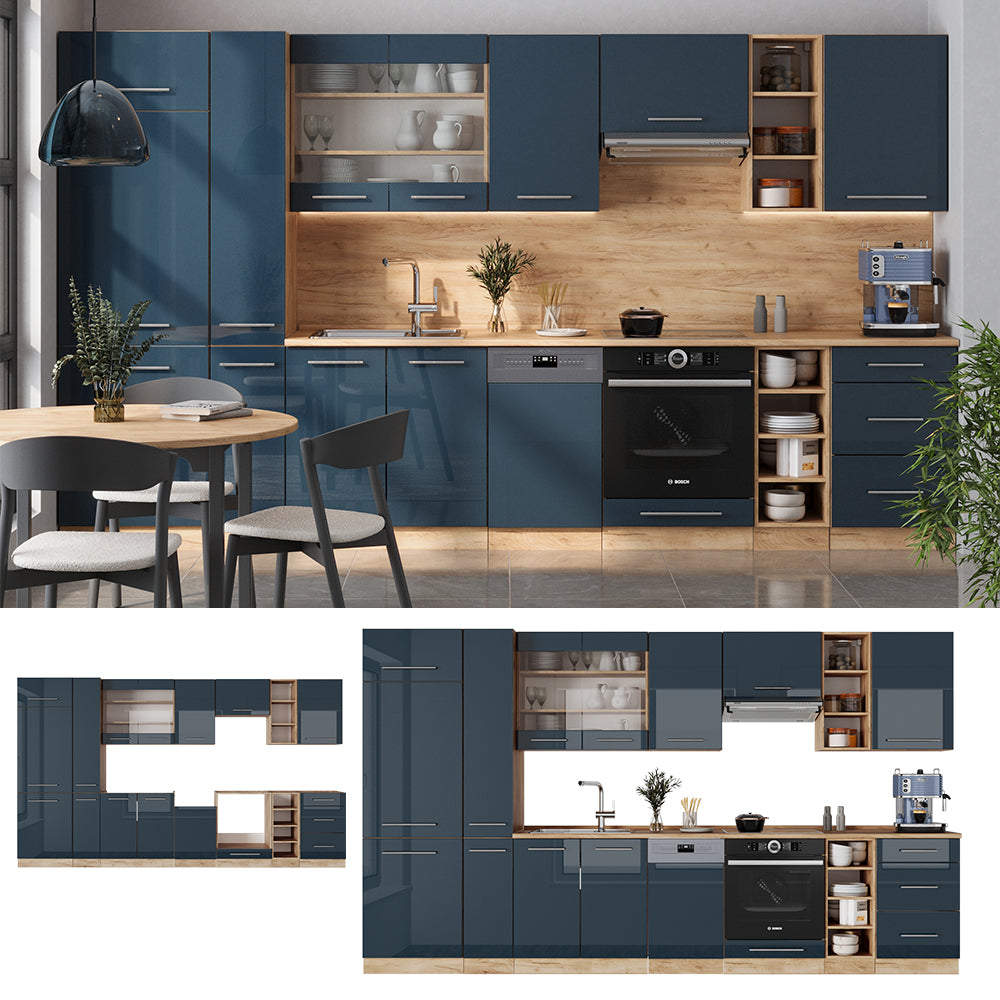 Vicco Cucina componibile Blu scuro lucido/rovere dorato 355 cm , PL Marmo