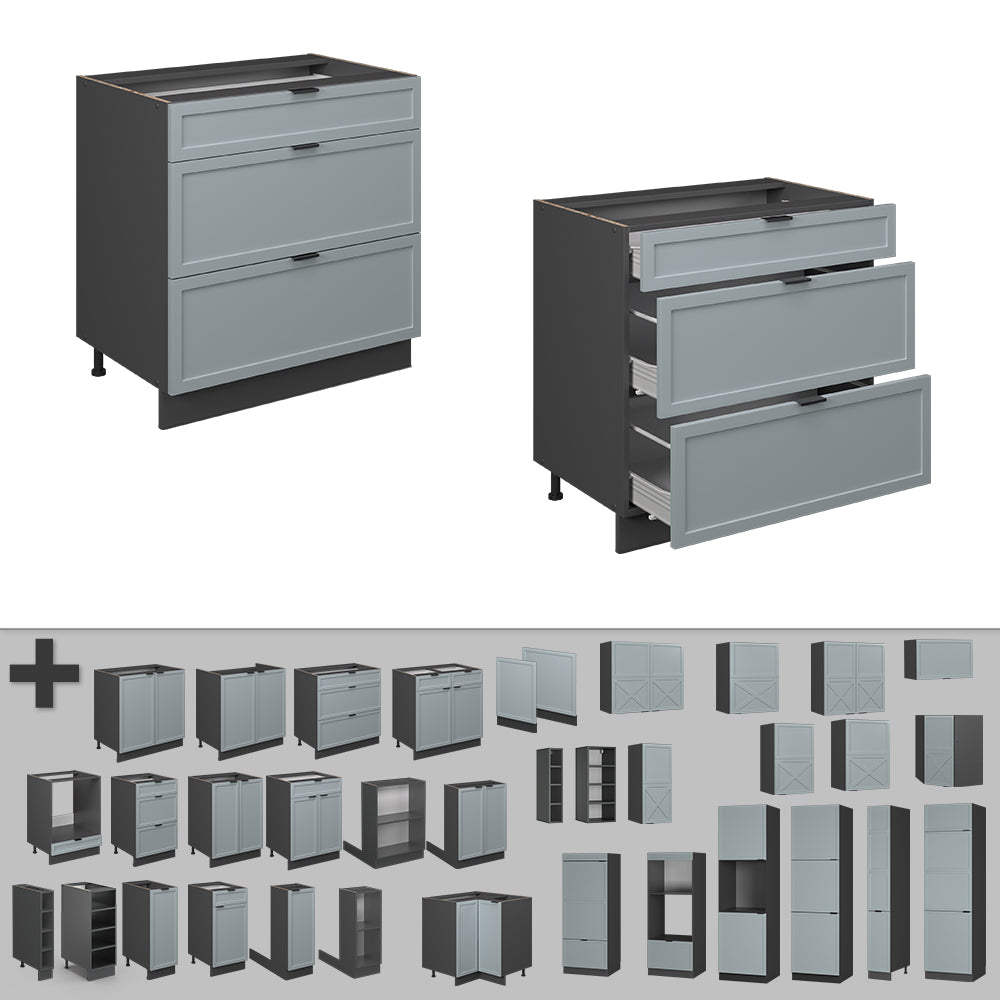 Vicco Mobiletto base per cucina Blu-grigio chiaro 80 cm con 3 cassetti, PL Rovere