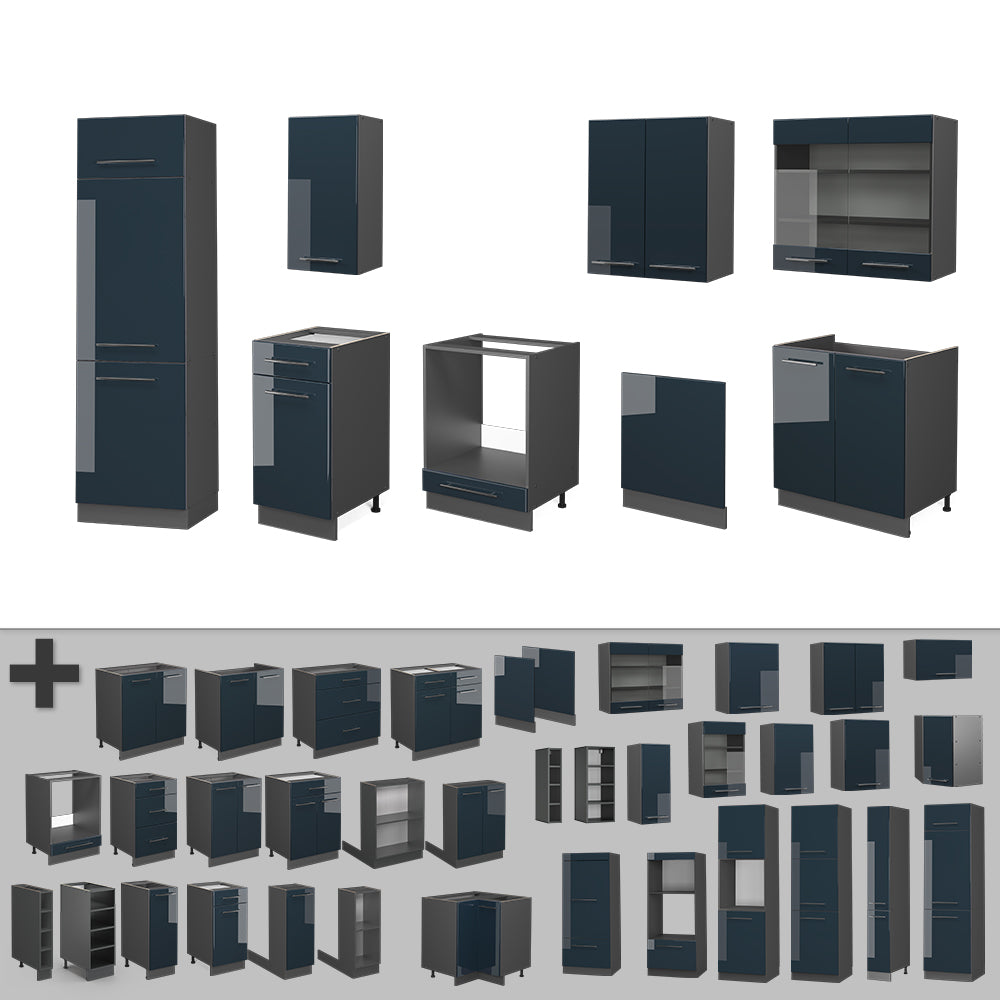 Vicco Cucina componibile Blu scuro lucido/antracite 300 cm , PL Marmo