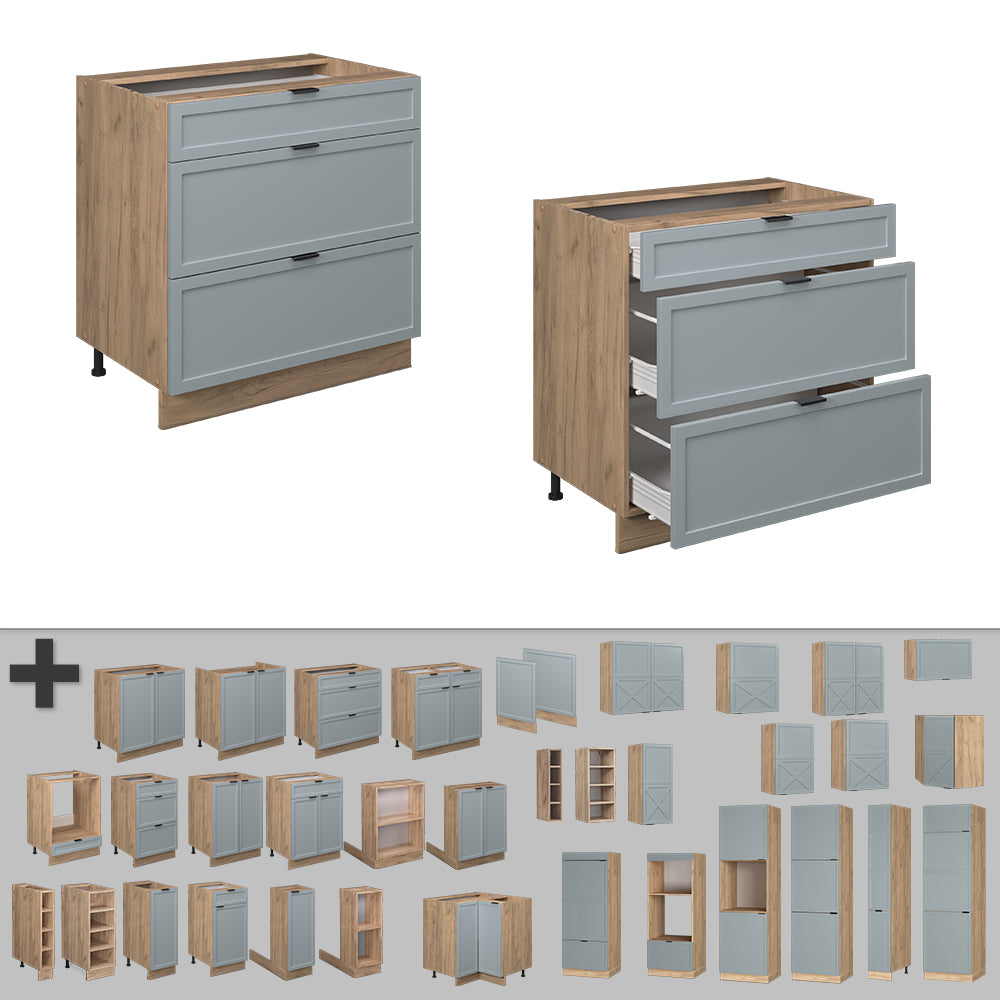 Vicco Mobiletto base per cucina Blu-grigio chiaro 80 cm con 3 cassetti, PL Antracite