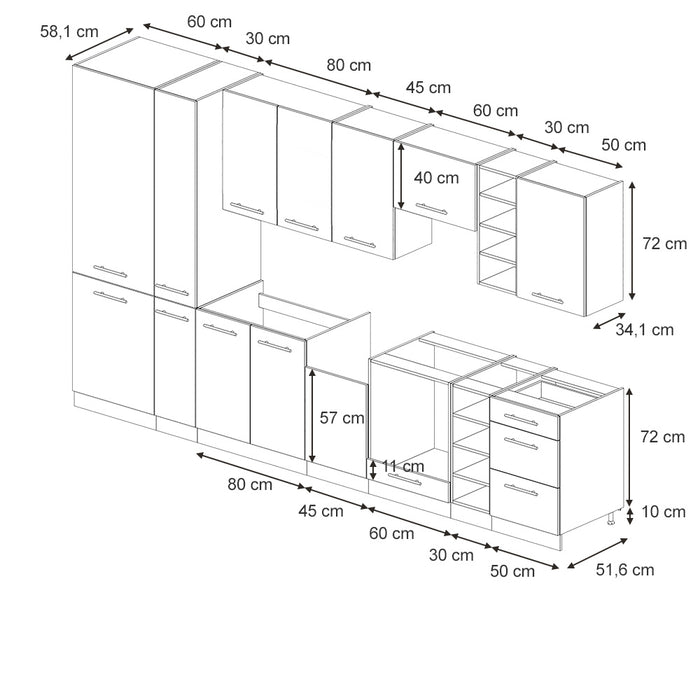 Vicco Cucina componibile Pannello in rovere/antracite 355 cm senza piano di lavoro