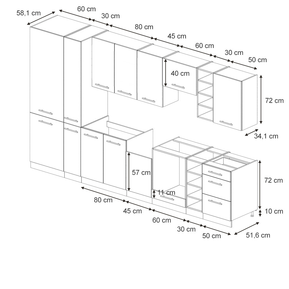 Vicco Cucina componibile Pannello di quercia/bianco 355 cm senza piano di lavoro