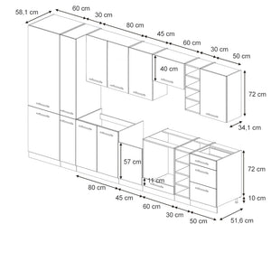 Vicco Cucina componibile Pannello di quercia/bianco 355 cm senza piano di lavoro