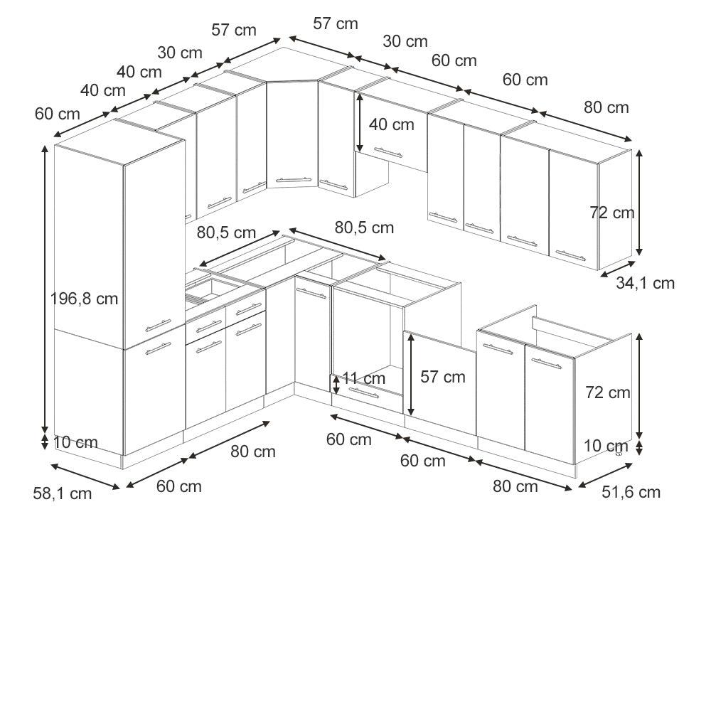 Vicco Cucina angolare completa Pannello in rovere/antracite 227 x 58.1 cm senza piano di lavoro