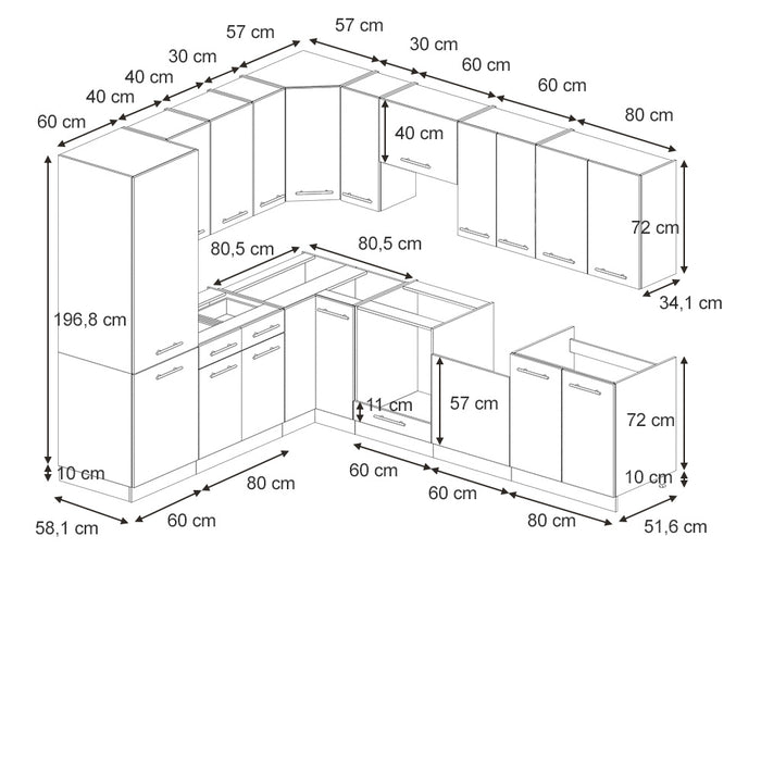 Vicco Cucina angolare completa Pannello in rovere/antracite 227 x 58.1 cm senza piano di lavoro