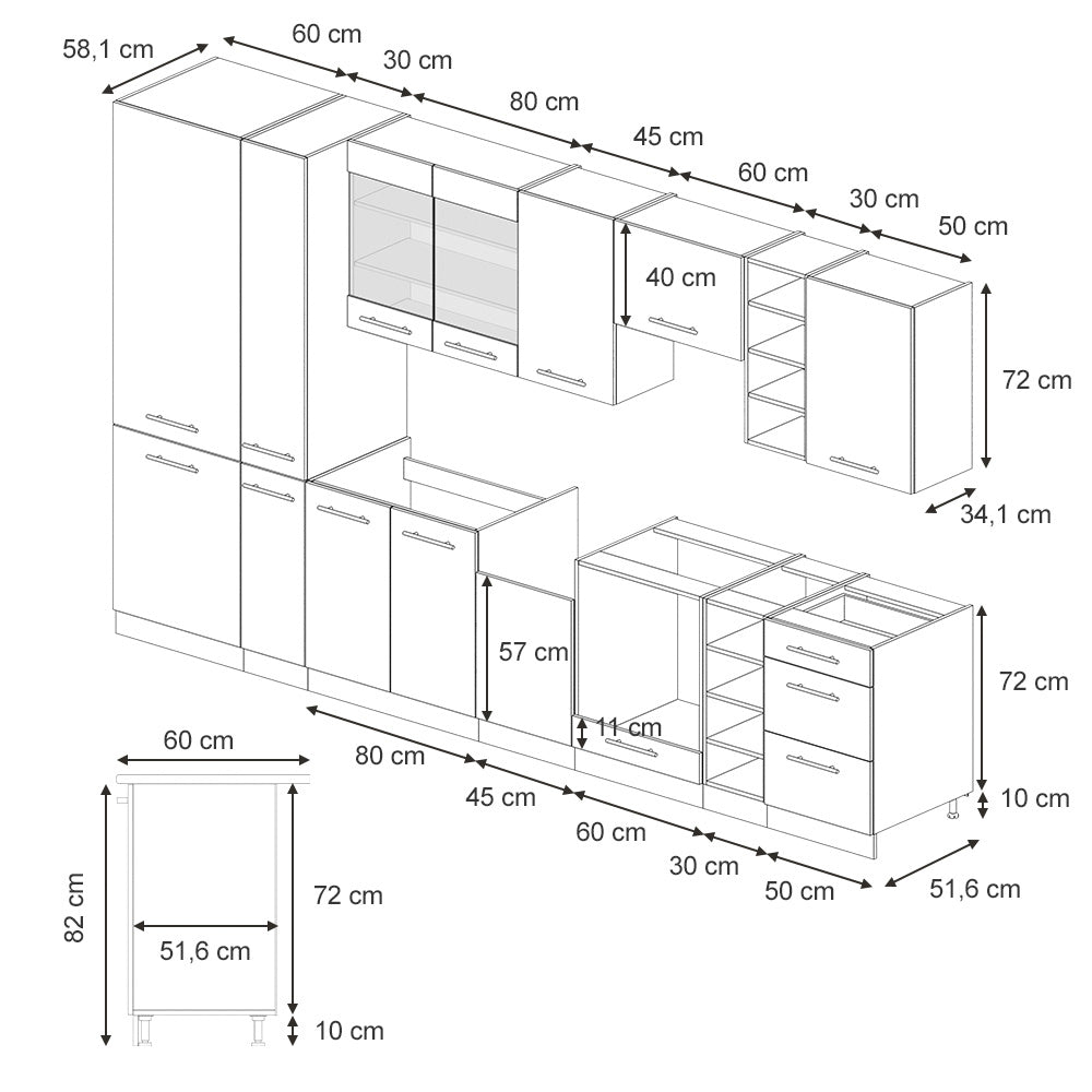 Vicco Mobili da cucina Blu scuro lucido/rovere dorato 355 cm senza piano di lavoro