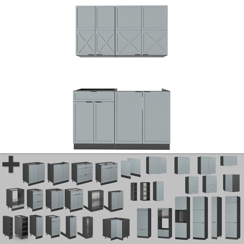 Vicco Cucina completa Azzurro-grigio/antracite 140 cm , PL Marmo