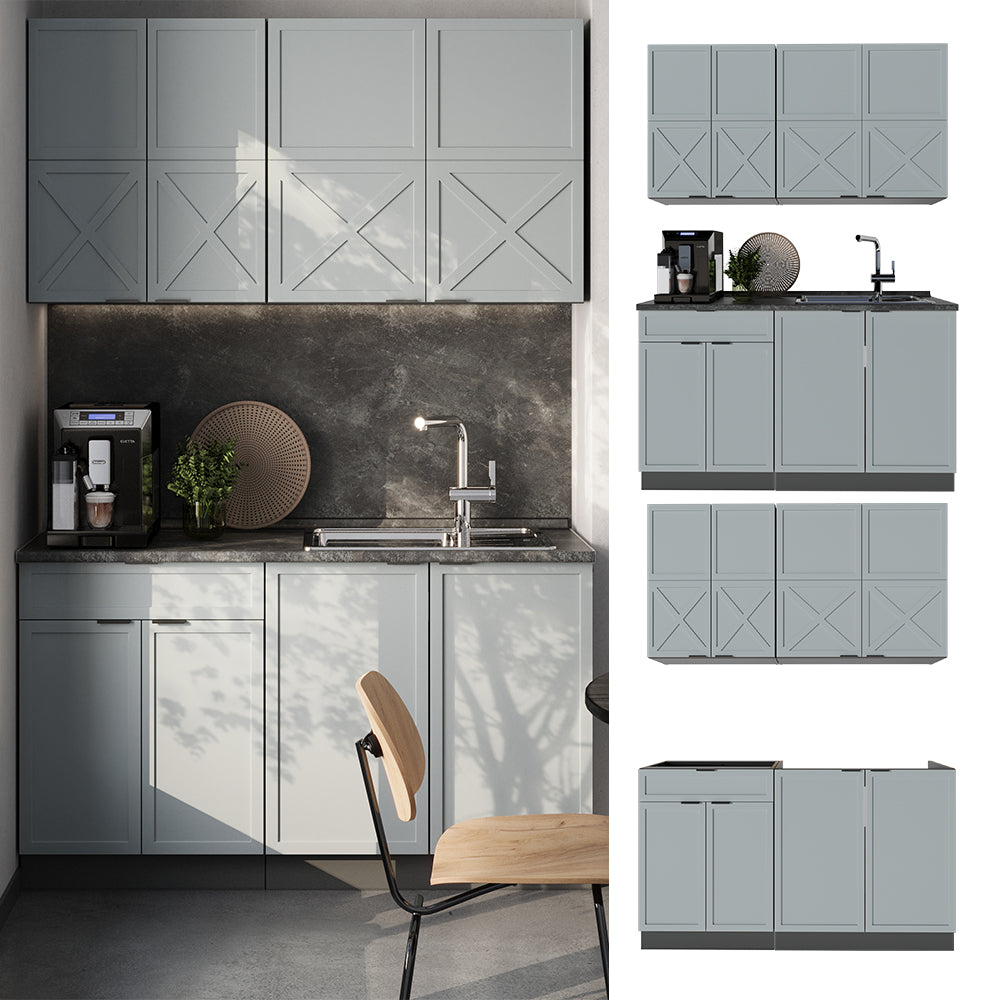 Vicco Cucina completa Azzurro-grigio/antracite 140 cm , PL Marmo